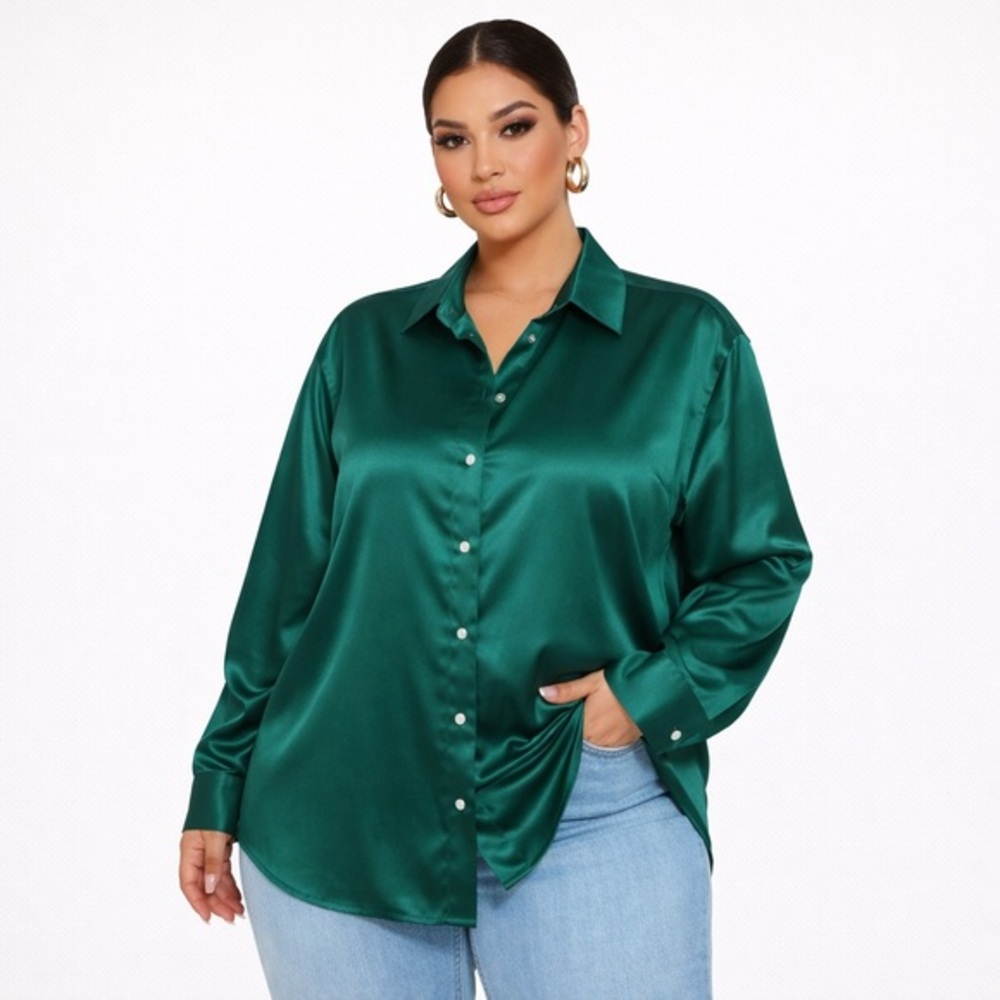 Emerald Green Silky Button Down Blouse Relaxed Chic Top Size Large SHEIN